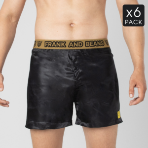 6 Pack Black Frank and Beans Underwear Mens Satin Boxer Shorts - Gold Waistband men front